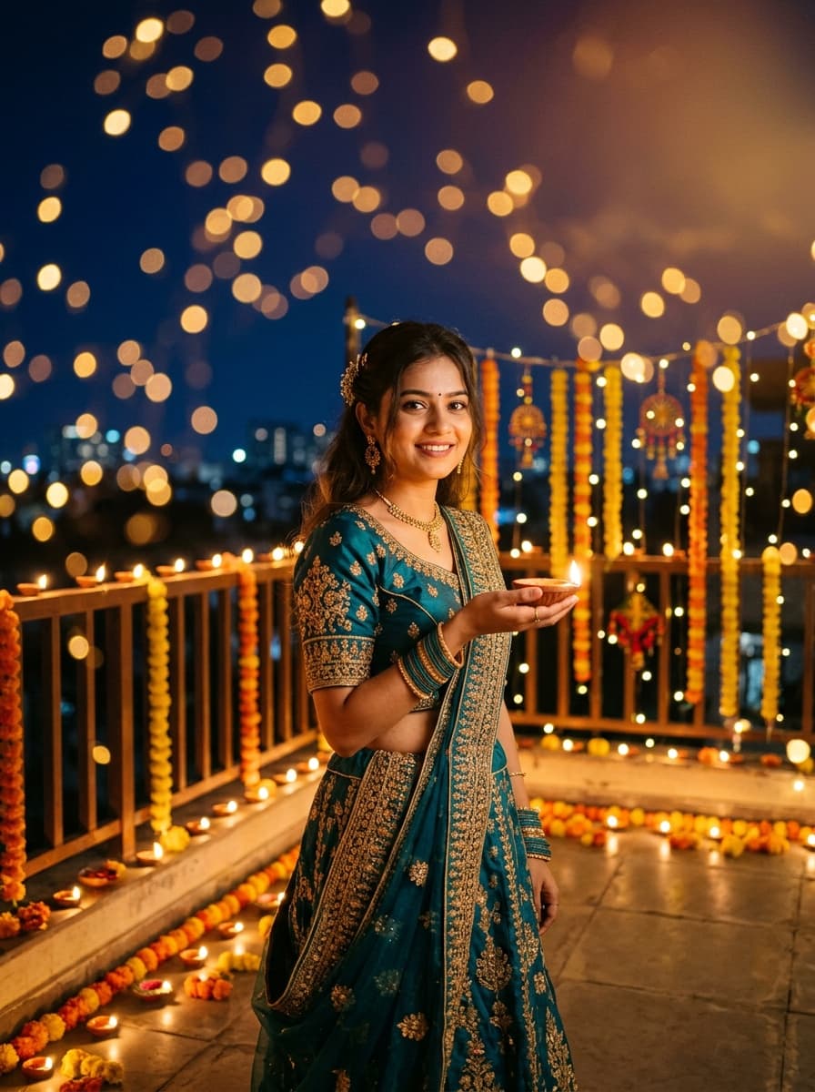 Diyas, bokeh lights, festive glow