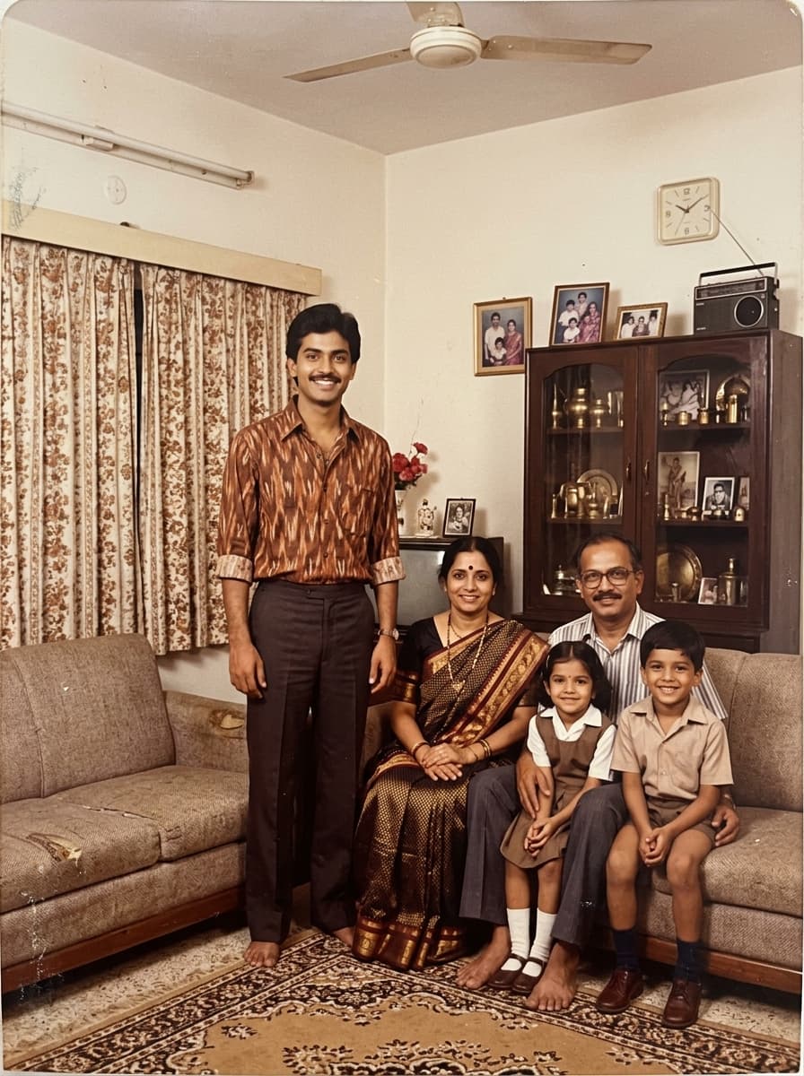 Grainy film, warm tungsten light, that family-album look